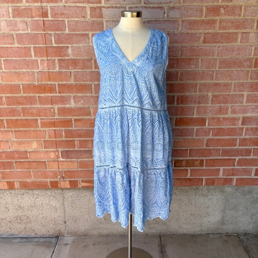 Rubyyaya Eyelet Tiered V Neck Dress Women's XL‎ Blue Boho Summer Resortwear